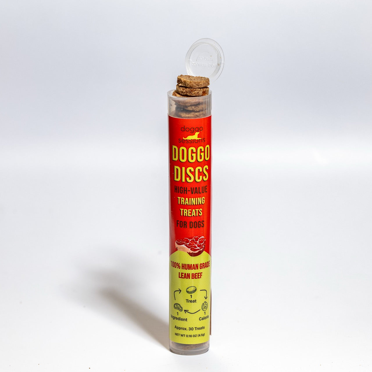 Doggo Discs high value beef training treats for dogs in a red and yellow container on a white background