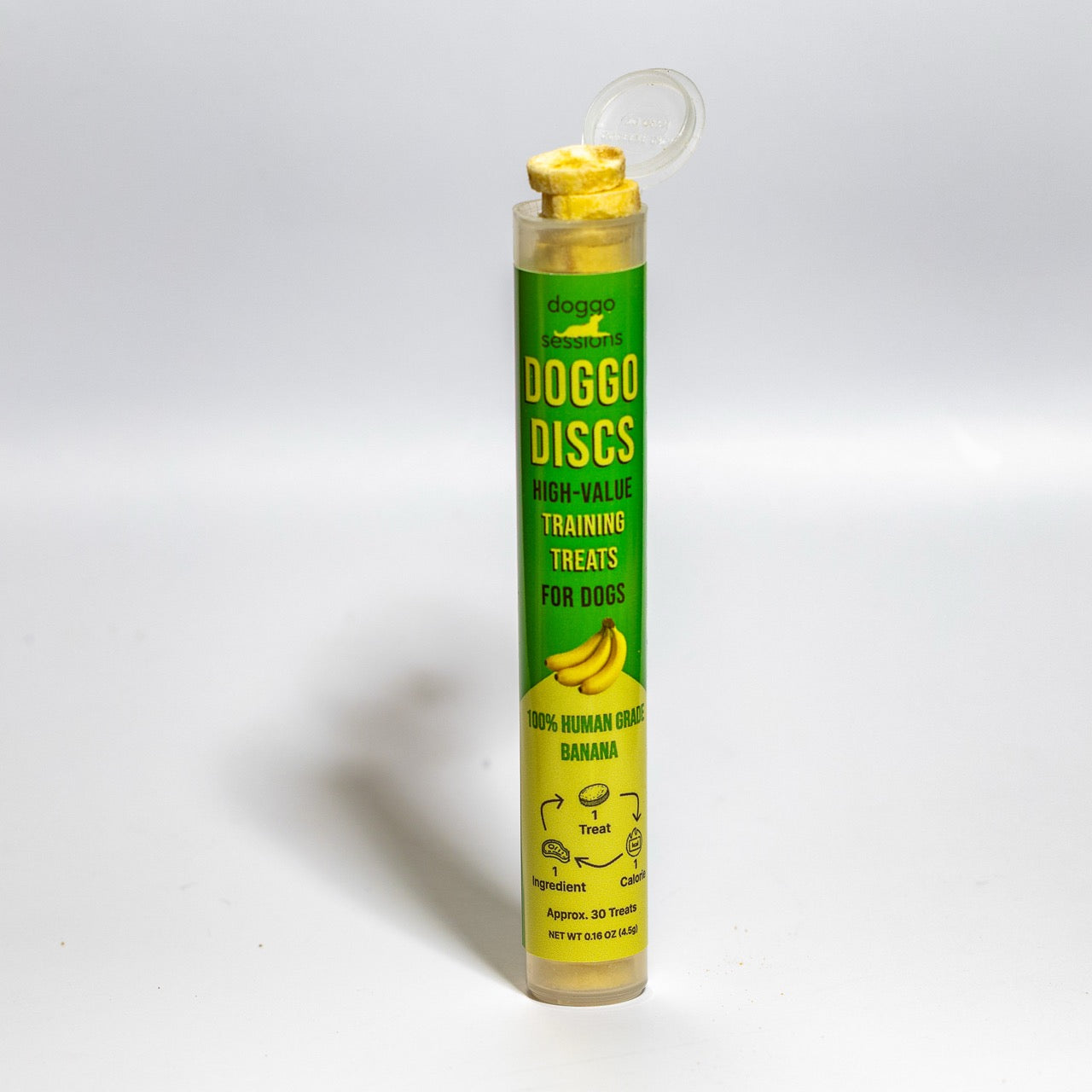 Tube of High Value Banana Dog training treats container with green label on a white background