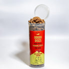 Container of DOGGO DISCS high-value training treats for dogs red and yellow treat barrel on a white background