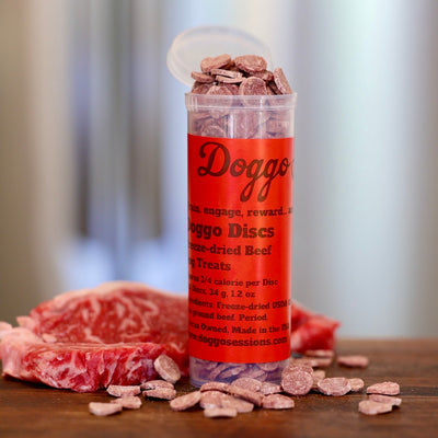 large barrel tube of freeze dried dog treats