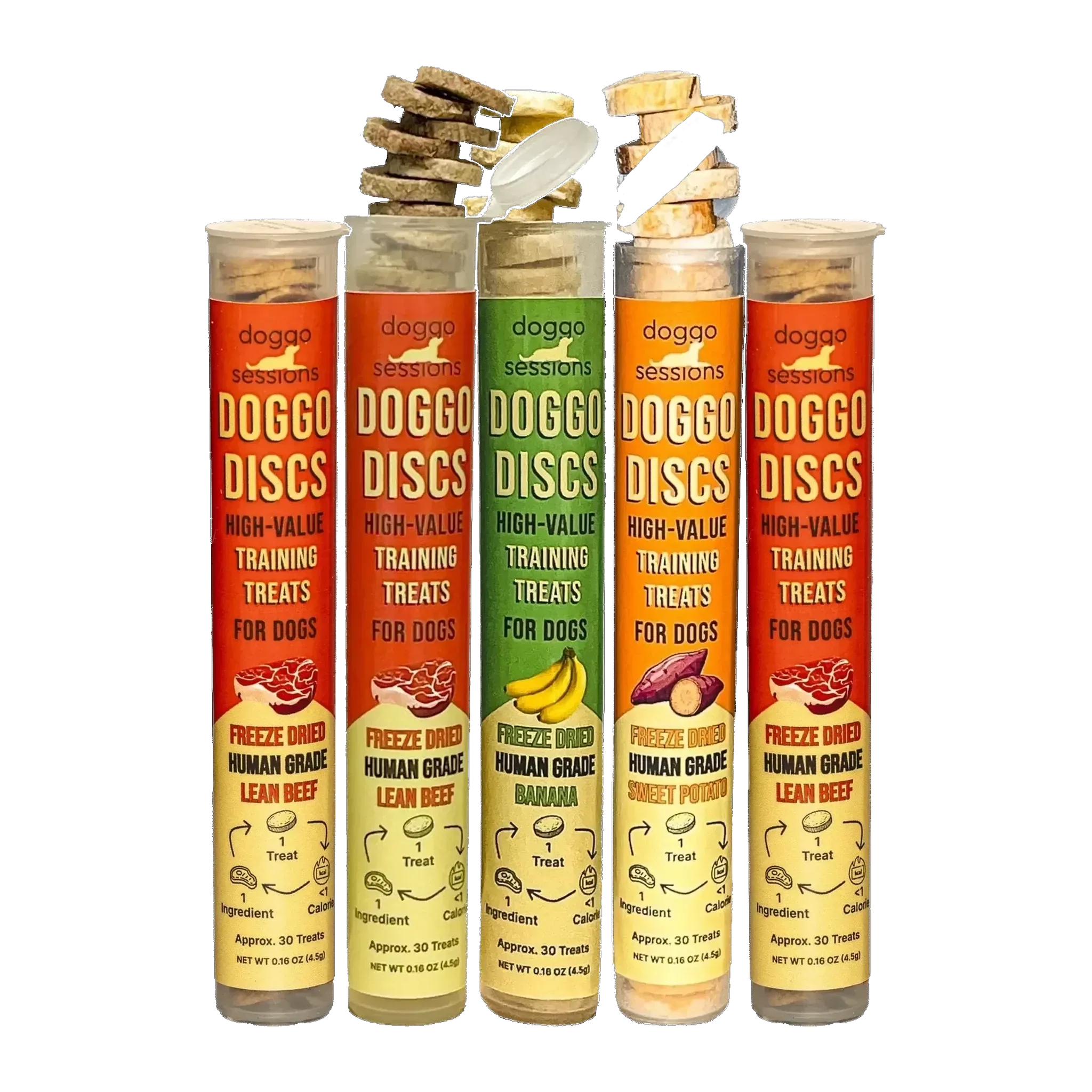 Doggo Discs mixed-flavor freeze-dried training treats, five Treat Tubes